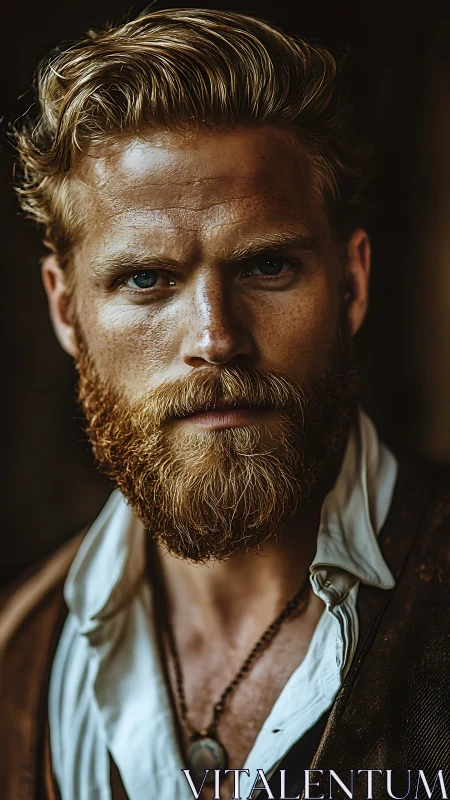 Portrait of bearded man in rustic clothing, close-up view.