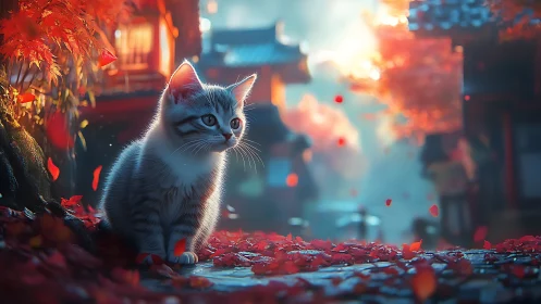 White kitten stands amid red petals in stylized urban setting.