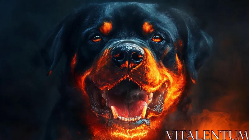 Infernal rottweiler portrait wreathed in blazing orange fire.