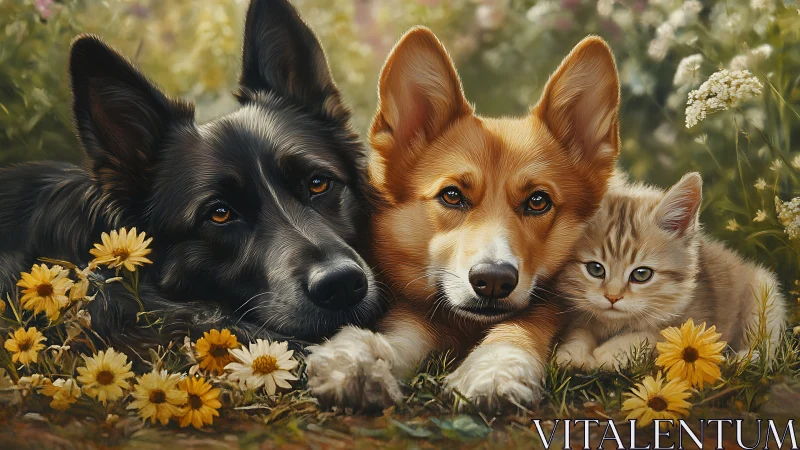 Woodland Triad: Black Dog, Russet Corgi, and Tabby Cat in Daisy Dreams.