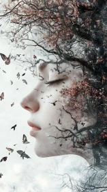 Surreal profile portrait merging woman, blossoms, and flight.