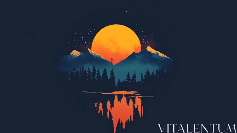 Radiant sun crowns stylized mountains above mirrored forest.