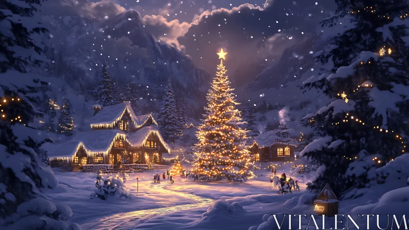 Starlit village tree stitches golden warmth into winter hush