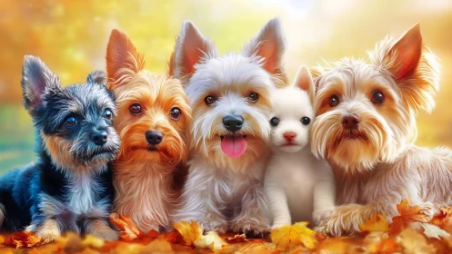 Small dogs and kitten in autumn foliage, close group portrait.