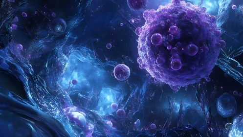 Violet bio-luminescent spheres drift through crystalline void