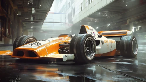Sleek orange race car resting in a misty urban garage.