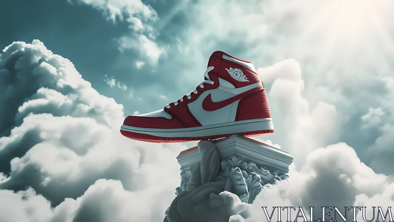 Skyborne red sneakers crowned on sculpted cloud pedestal.