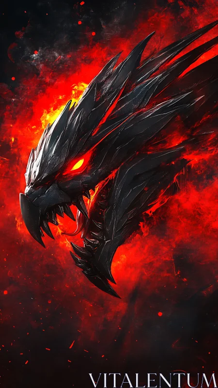 Armored dragon head emerges from blazing red inferno