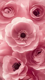 Pink anemone and ranunculus blooms in layered petal arrangement.