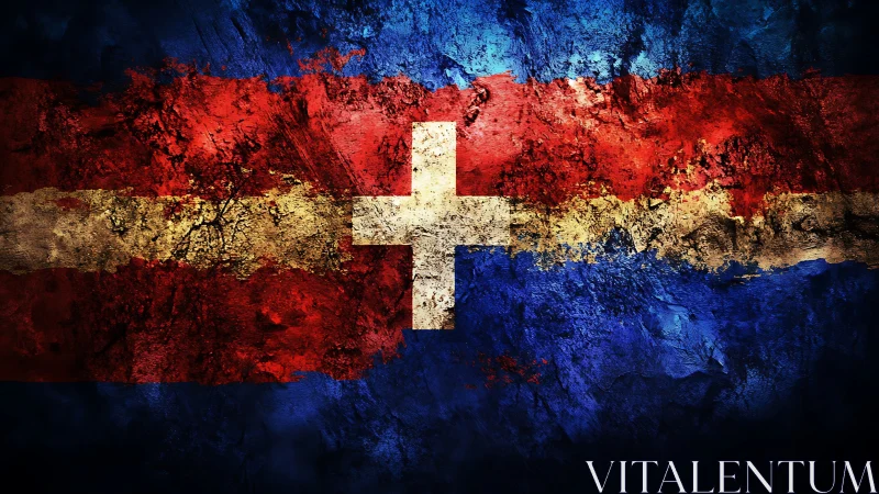 Abstract grunge flag with central white cross on textured field