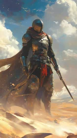 Chrome nomad knight strides through sun-scoured desert storm.