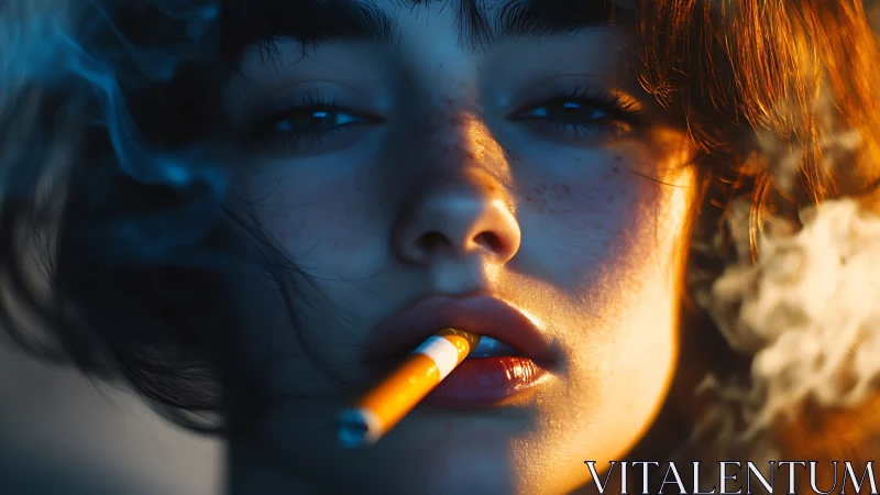 Hyperreal portrait with cinematic smoke diffusion and gaze symmetry.