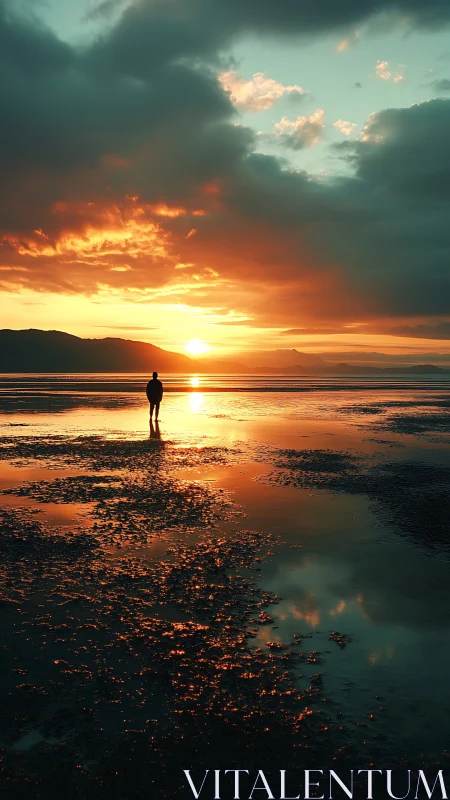 Solitary figure watching vivid sunset over tidal flats.