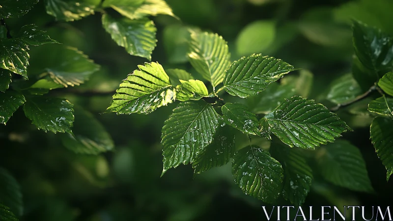 Fresh green leaves with dew in natural sunlight, close-up macro.