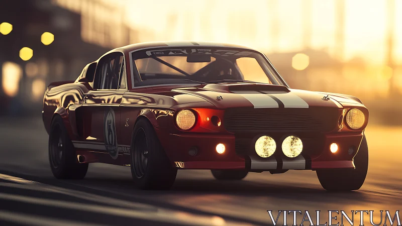 Track-prepped classic fastback racing at dusk with warm bokeh lighting