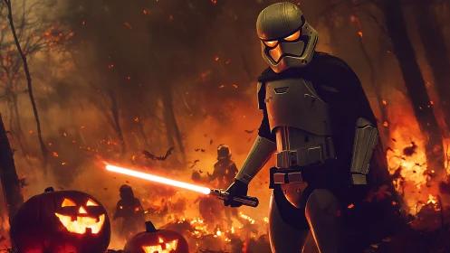 Armored sci fi figure with lightsaber in burning forest scene.
