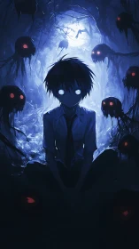 Haunted blue forest surrounding hypnotic-eyed anime boy.
