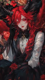 Elegant horned muse in red, wrapped in roses and mystery.