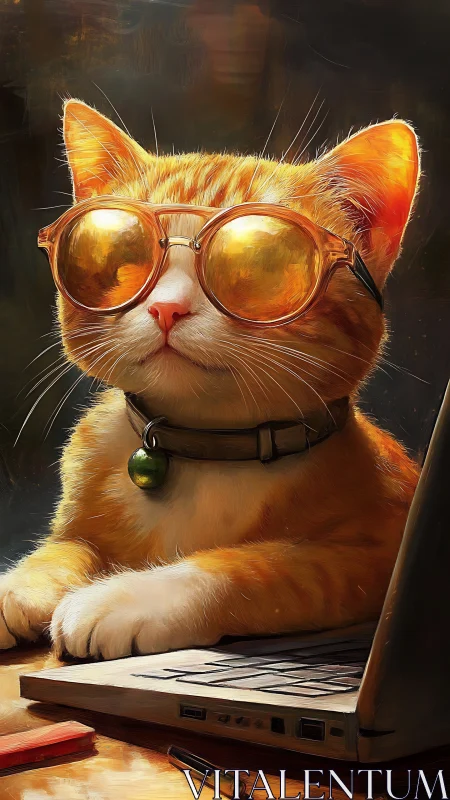 Cool Cat with Golden Glasses on Laptop.