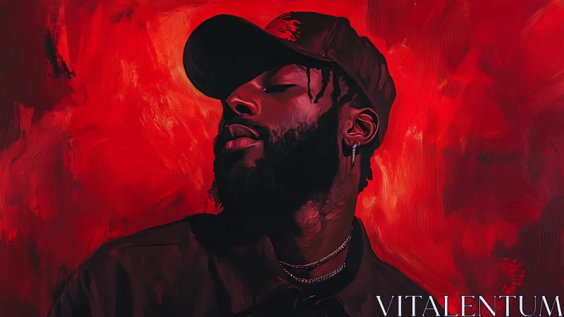 Portrait of pensive man in cap against vivid red backdrop