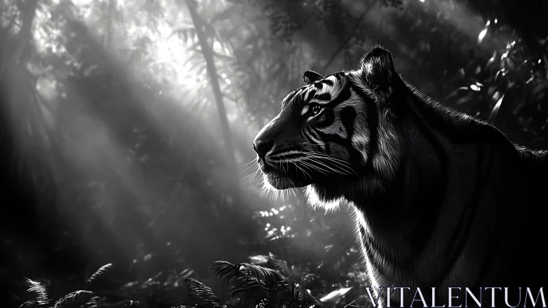 Tiger stands in side profile under filtered jungle light