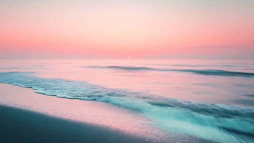 Pastel shoreline waves under tranquil pink sunrise glow.