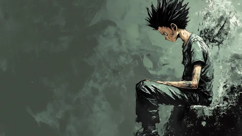 Solitary boy sits in quiet reflection against textured wall