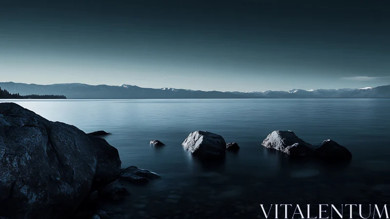 Nocturnal lakeside panorama with minimalist rock foreground.