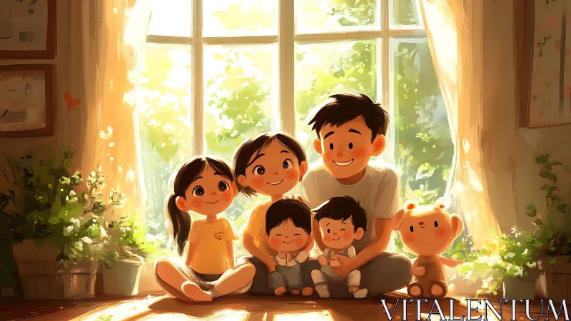 Happy family gathered by sunlit window with children