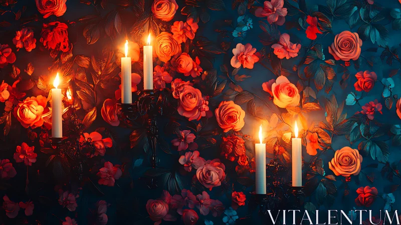 Candles positioned among floral arrangement with warm lighting.