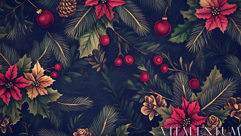 Festive poinsettias and pine branches create rich holiday charm.