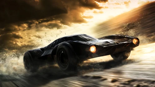 Aerodynamic cyber-noir racer car cuts through storm light