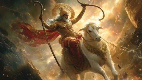 Mythic armored rider on white bull amid luminous clouds.