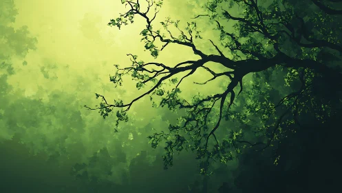Tranquil tree branch silhouette against glowing green background.