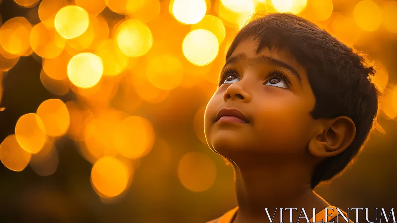 Child gazing upward amid golden bokeh lights.