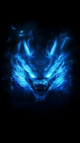 Glowing blue dragon head rendered in intense digital flames