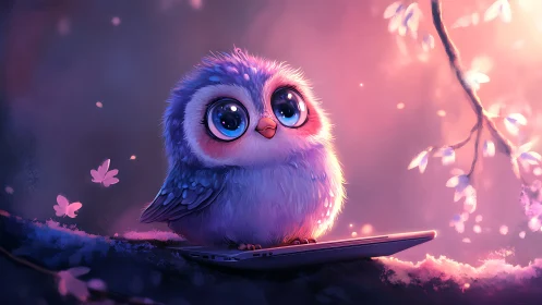 Baby owl glows over tablet under soft pastel twilight