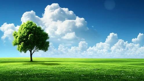 Lone daydreamer tree under parade of cotton clouds.