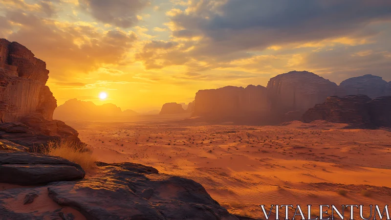 Sunlit desert canyon with rocky cliffs at sunset.