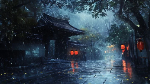 Digital night rain over lantern-lit traditional gate street scene.
