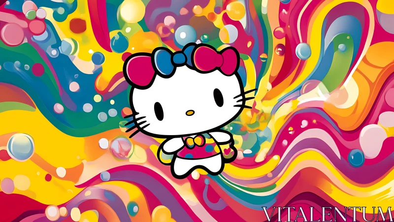 Flat-shaded cartoon cat over high-saturation multicolor fluid field