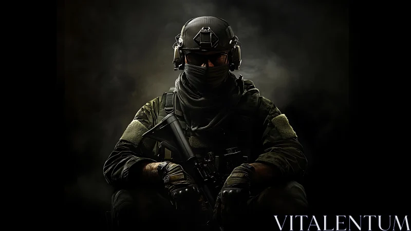 Silent tactical guardian resting in a haze of shadowed light.