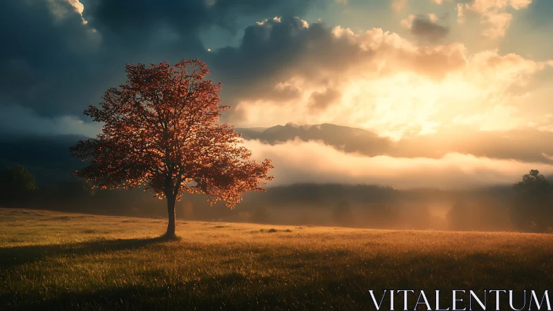 Solitary autumn tree in cinematic backlit landscape composition.