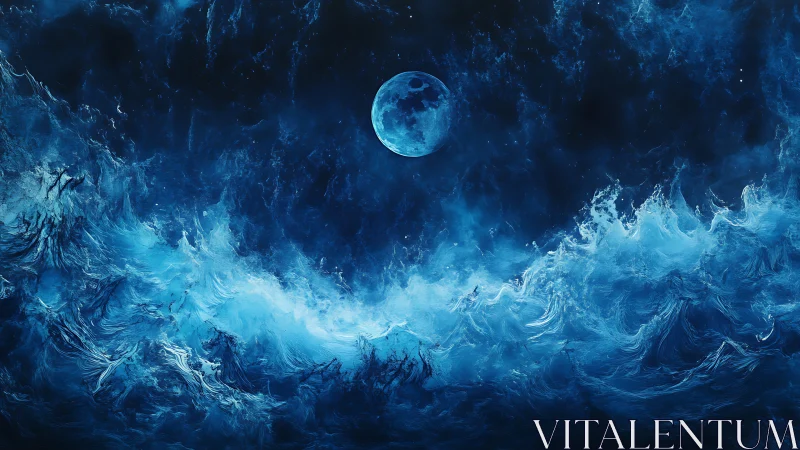 Blue full moon illuminates turbulent cosmic ocean waves