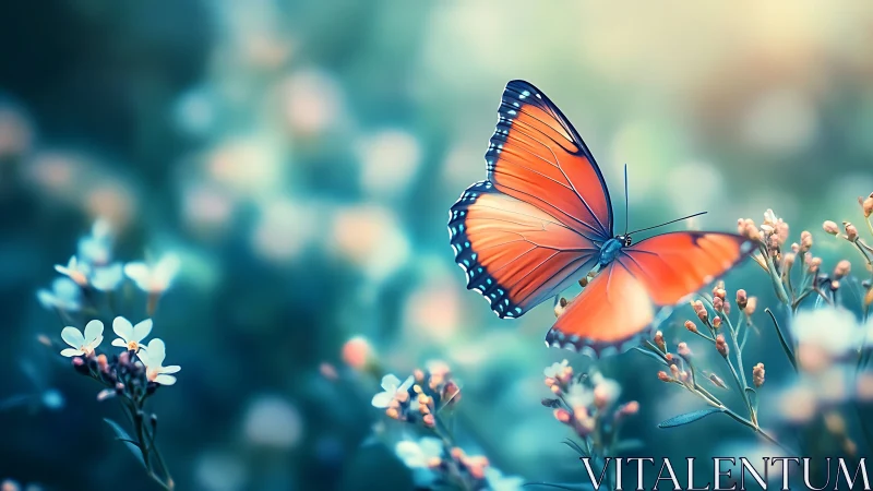 Gentle orange butterfly drifts softly through a dreamy garden