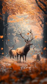 Triad of red deer under volumetric autumn canopy light field