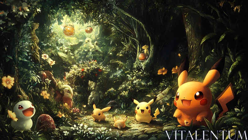 Joyful Pikachu friends brighten a magical forest pathway