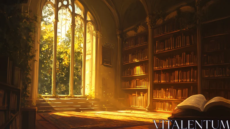 Golden backlit gothic library interior with volumetric sunlight