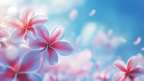 Pink and Red Flowers Against Blue Sky Background
