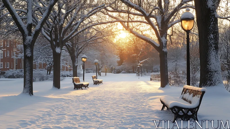 Snow covered park path with benches at winter sunrise.